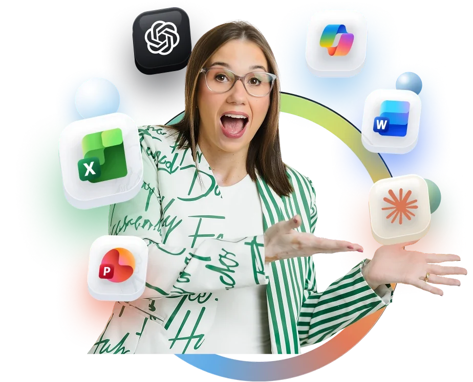 La profe Caro con los íconos de Excel, Word, PowerPoint, Copilot, ChatGPT y Claude
